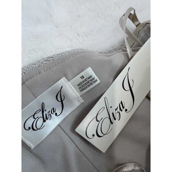 New Eliza J Size 10 One-Shoulder Glitter Mermaid Gown ruching, train Back Beige - Picture 4 of 15